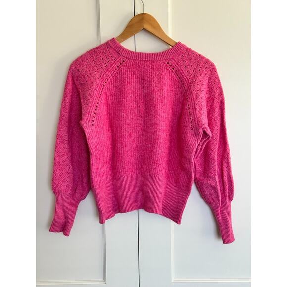 SAKS FIFTH AVENUE Cotton Wool Blend Hot Pink Sweater Puff Sleeve Cropped Size M - Picture 3 of 11